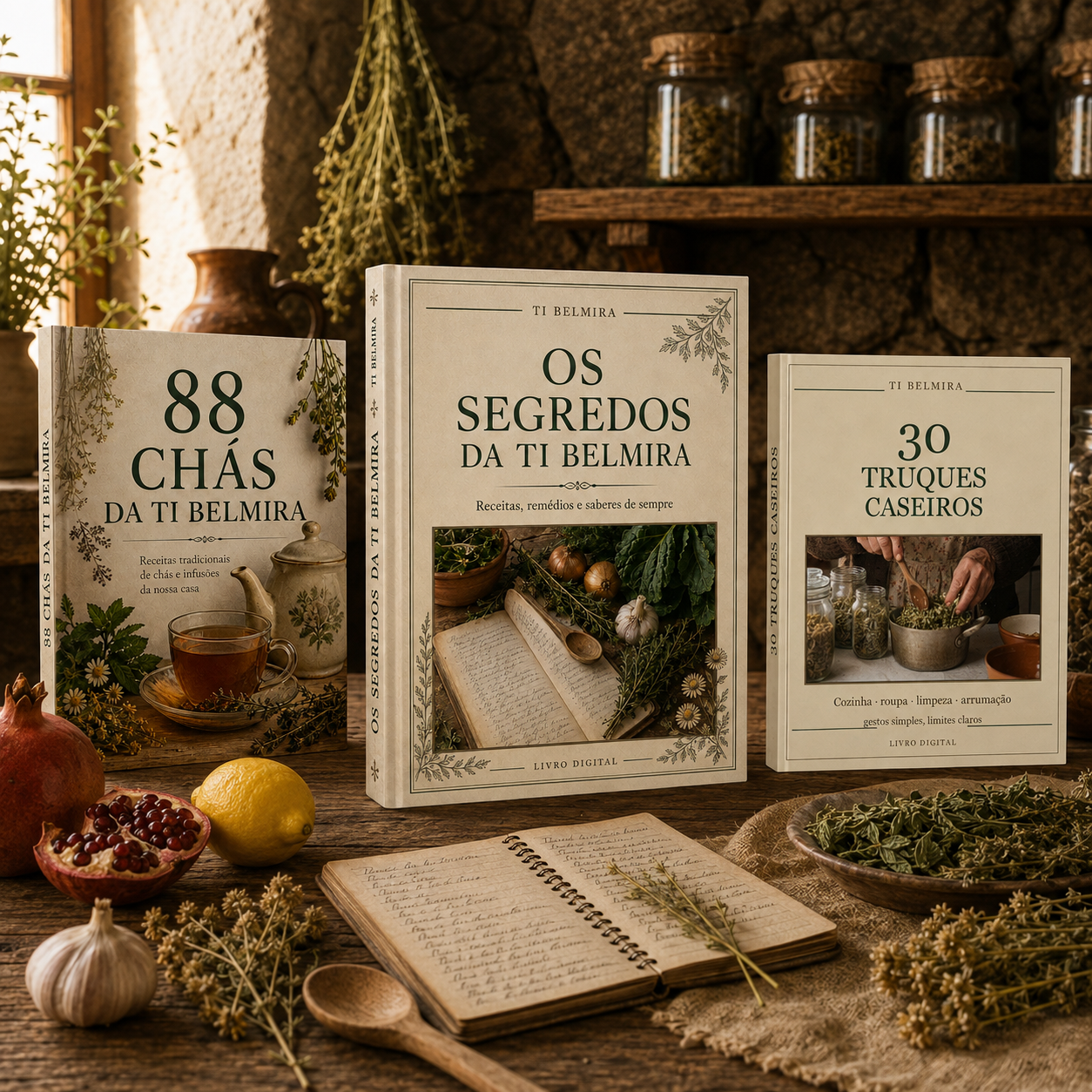 Os três livros digitais da Ti Belmira numa cozinha rústica
